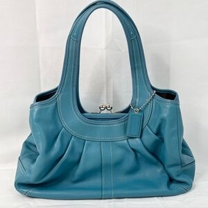 Coach Ergo Pleated Frame Blue Leather Kisslock Satchel Shoulder Bag